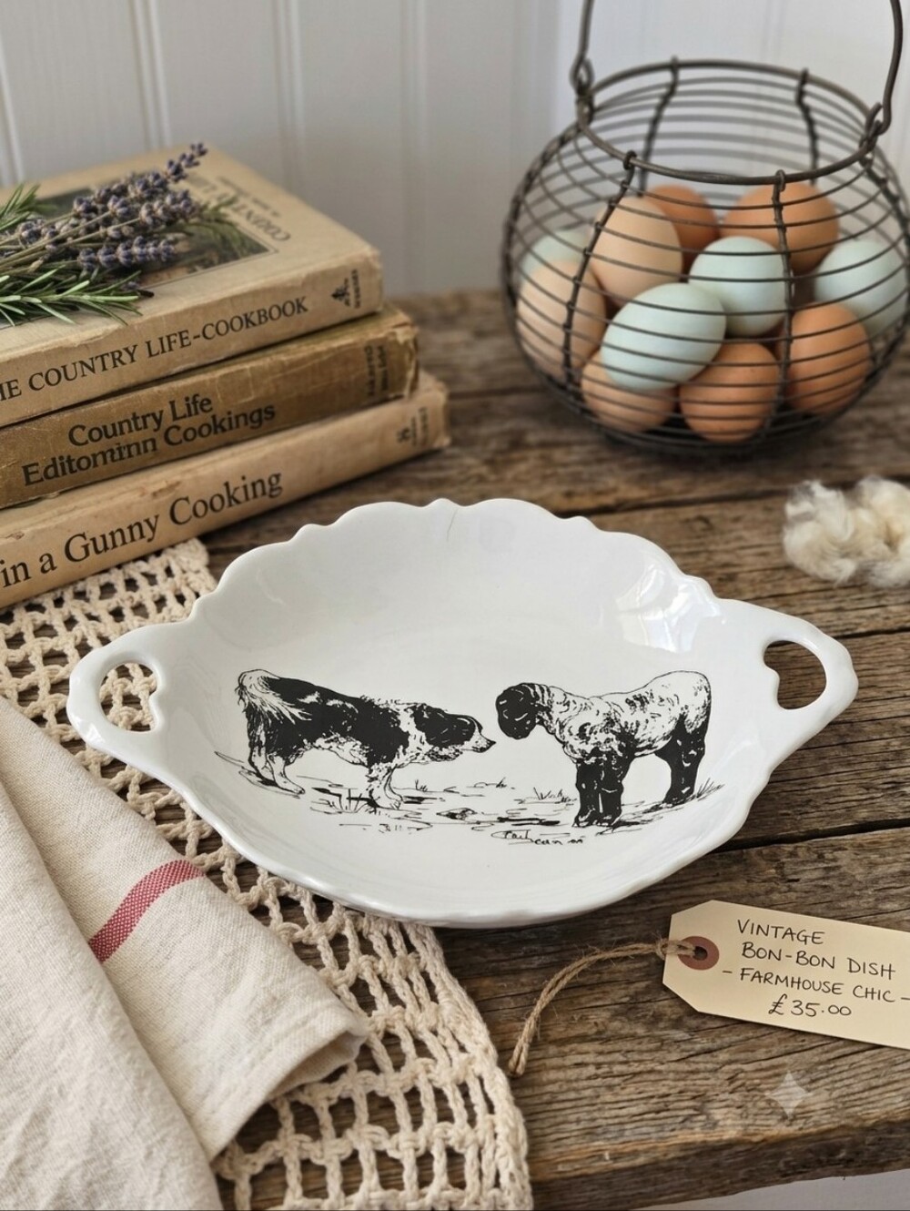 Vintage Phil Seaman Dog & Sheep Farmhouse Handled Dish Scalloped Bowl Black Whit